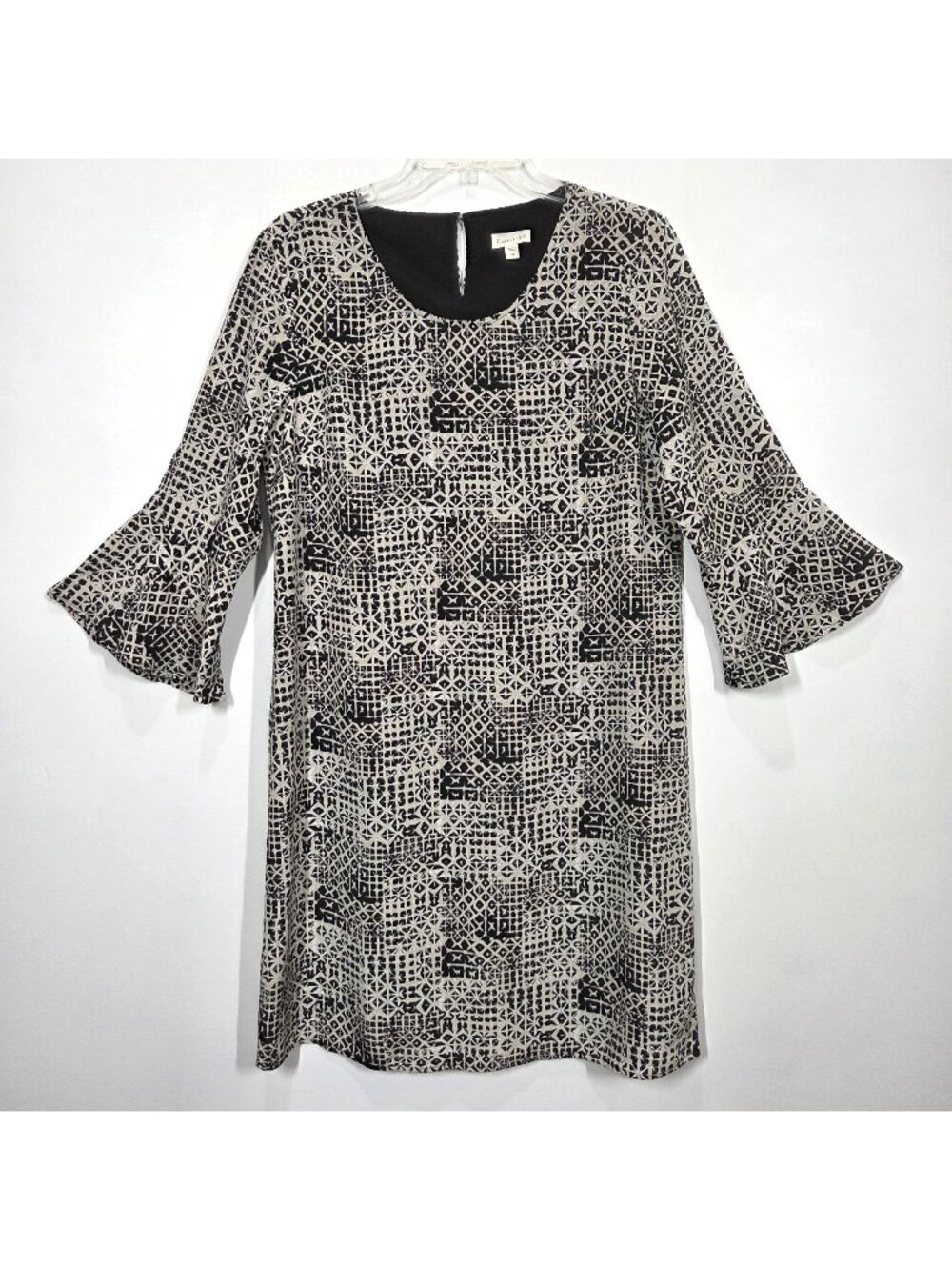 Garnet Hill Dress 6 Silk Shift Beige Black Geometric Bell Sleeve Office Neutral